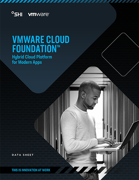 Data Sheet VCF Hybrid Cloud Platform for Modern Apps icon showing company logo, title and a man at a computer