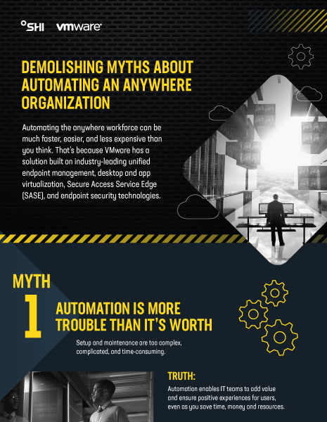 Demolishing Myths about Automating an Anywhere Organization - thumbnail for infographic - showing logo, title and image of man at a computer