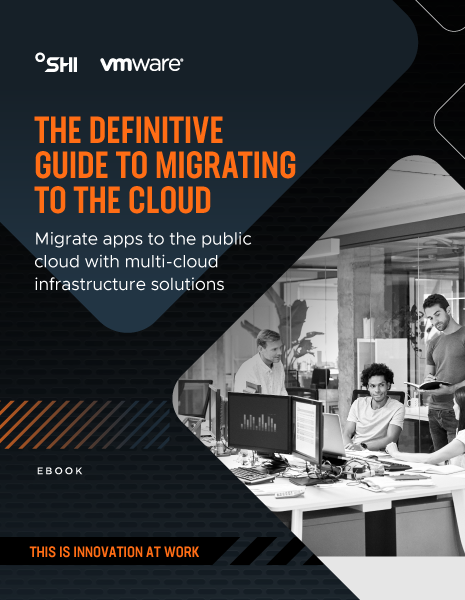 The Definitive Guide to Migrating to the Cloud ebook thumbnail showing company logo, title and three workers in a computer lab