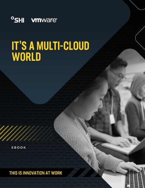 eBook Its Multi-Cloud World thumbnail showing company logo, title and three people using their computer