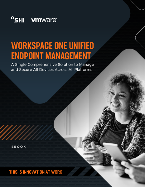 Workspace One Unified Endpoint Management - ebook cover, company logos, title and woman at a meeting