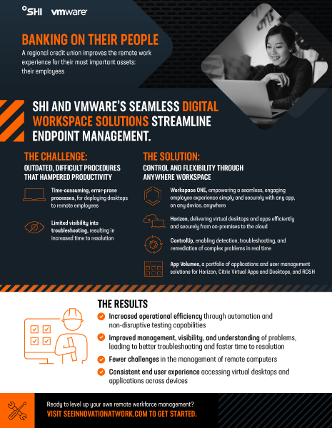 SHI VMWare Banking on Their People Thumbnail - infographic thumbnail, showing company logos, title and information on SHI and Vmware's seamless digital workspace solutions