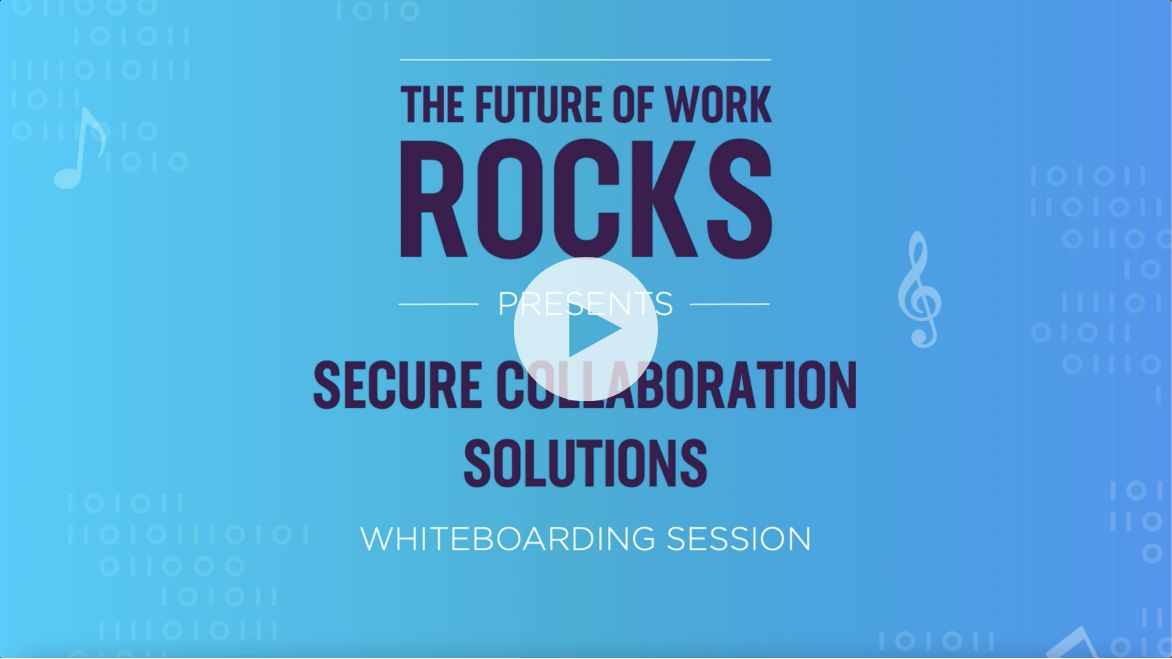 Secure collaboration solutions whiteboarding session thumbnail with the showing company logo, title and a play button