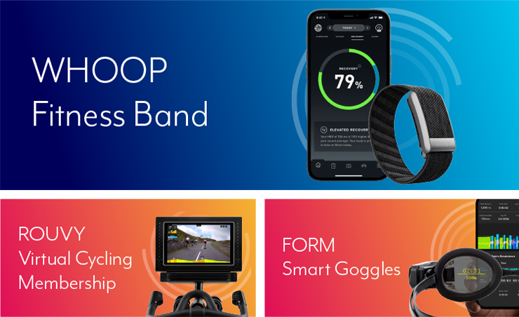 Claim 1 of 3 gifts worth $150+ showing images of a whoop fitness band, Rouvy cycling membership and form smart goggles