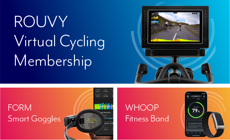 Claim 1 of 3 gifts worth $150+ showing images of a whoop fitness band, Rouvy cycling membership and form smart goggles