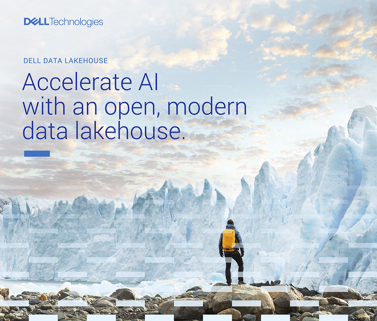 Photo of the beginning of the infographic of a man looking out into an icy landscape. Reads Accelerate AI with an open, modern data lakehouse.