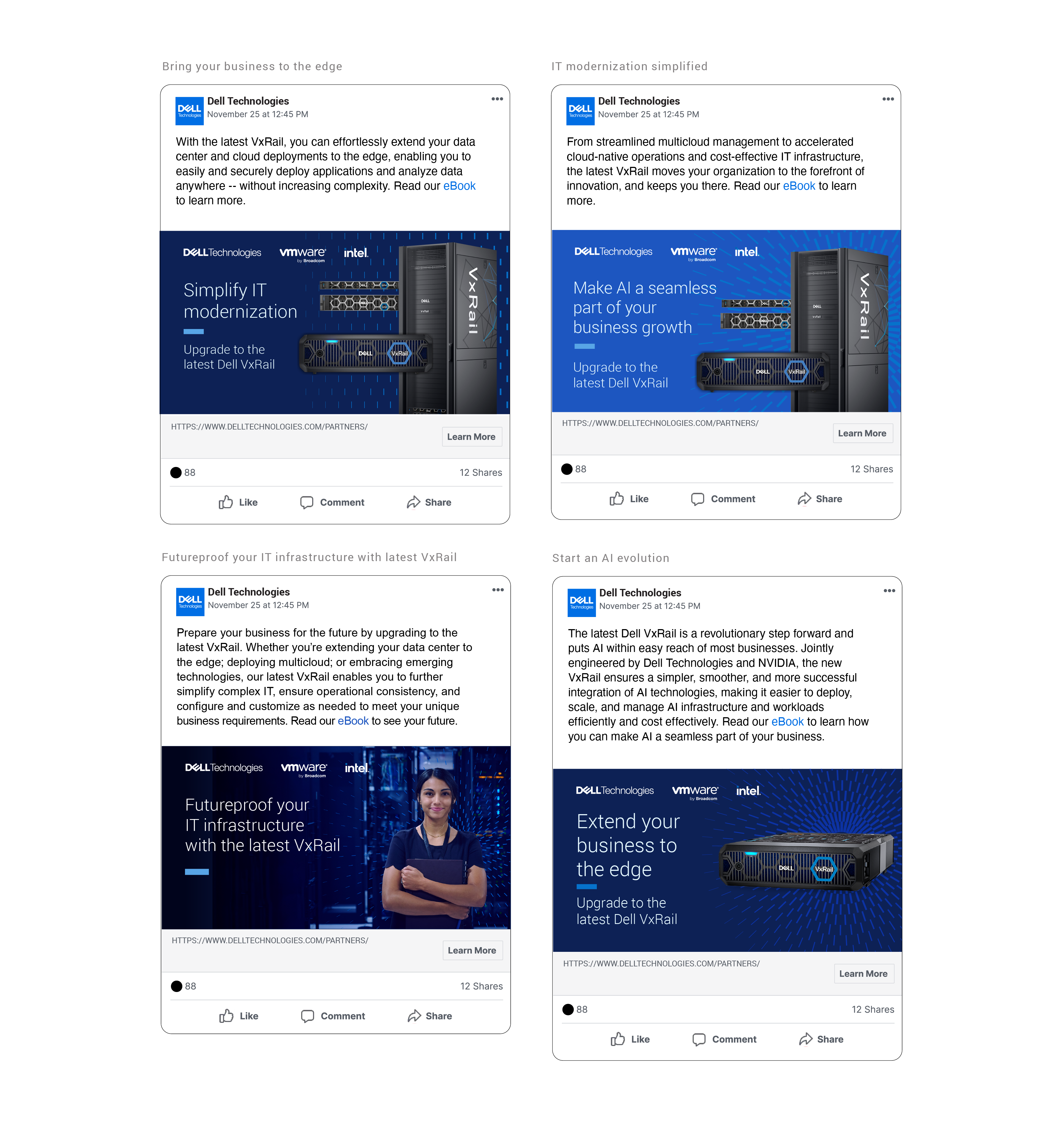 Image of 4, 2x2 mockup LinkedIn posts for Dell VxRail campaign.