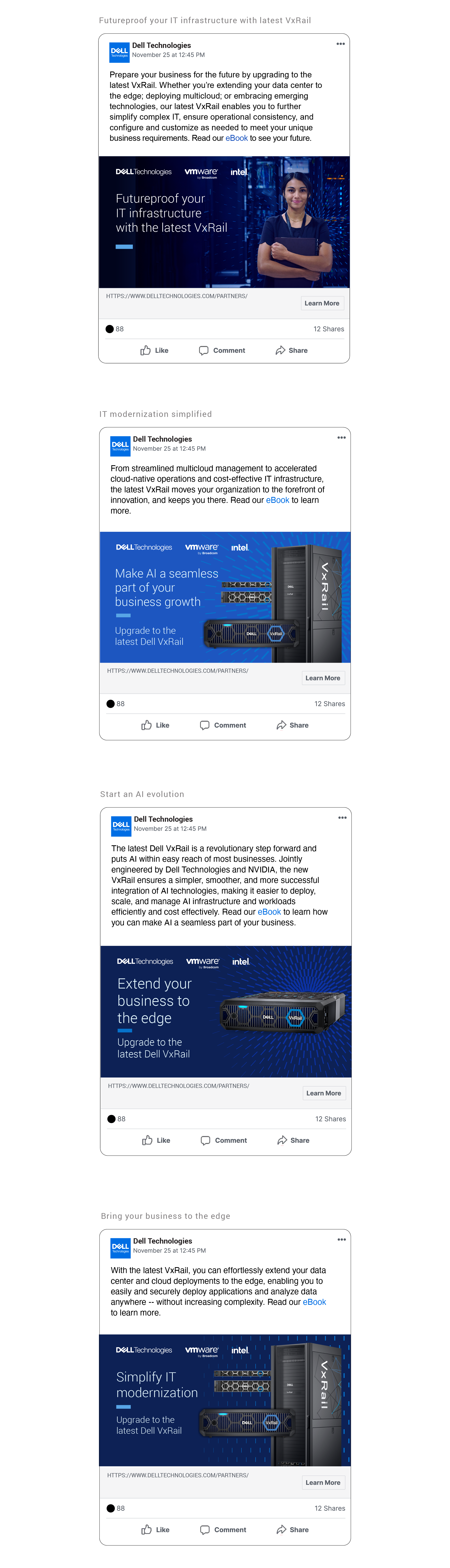 Image of 4 vertical mockup LinkedIn posts for Dell VxRail campaign.